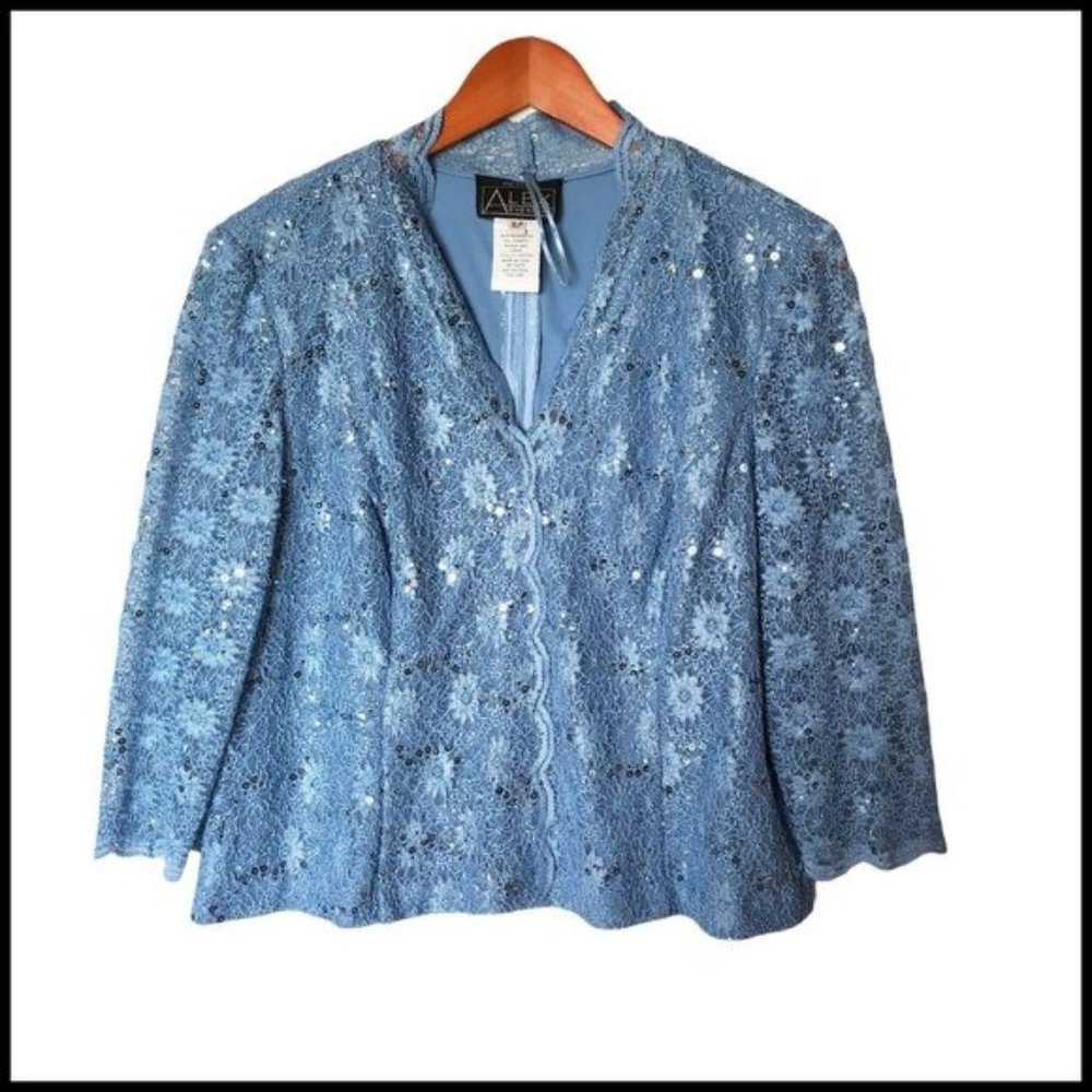 Alex Evenings Embellished Lace & Sequin Evening Top Women's Blouse Blue XLP Peti